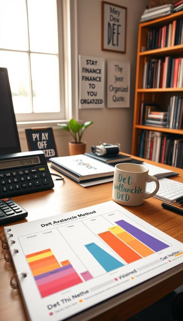 A cozy, well-organized workspace featuring a neatly arranged desk. In the foreground, there's a colorful, printed financial planner showing a "Debt Avalanche Method" chart, with stacked colorful blocks representing various debts. Beside it, a calculator and a coffee mug with inspiring finance quotes. The middle ground includes a soft, well-lit window casting gentle sunlight over motivational posters on the walls, such as "Pay Off Debt" and "Stay Organized." The background features a bookshelf filled with books related to personal finance and organization. The atmosphere is calm and focused, conveying a sense of productivity and motivation, perfect for someone managing their finances. The image should use soft lighting, a slight depth of field to emphasize the desk items, and a warm color palette.